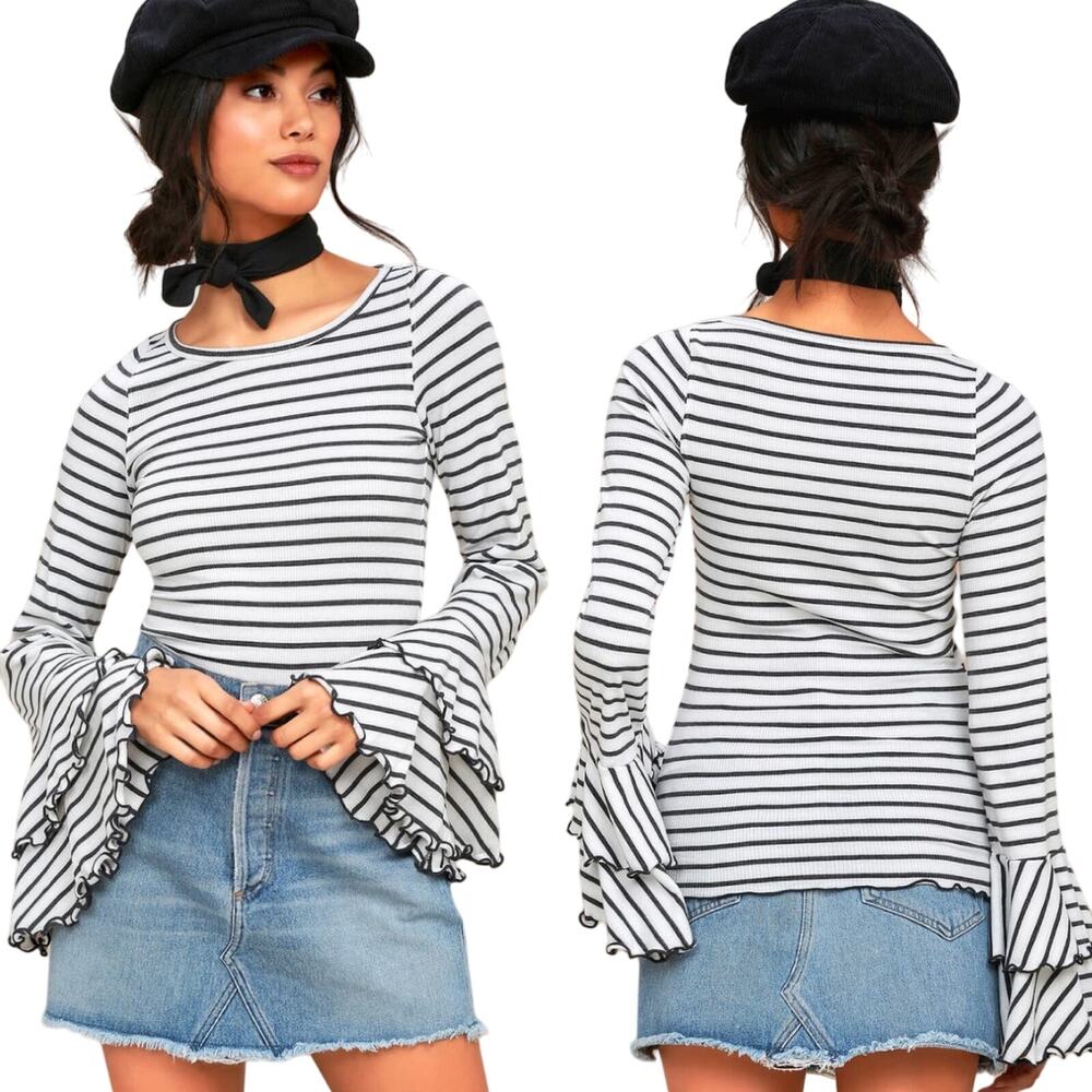 Free People Striped Tiered Bell Sleeve Knit Top Boat Neck Gray Combo NEW XS